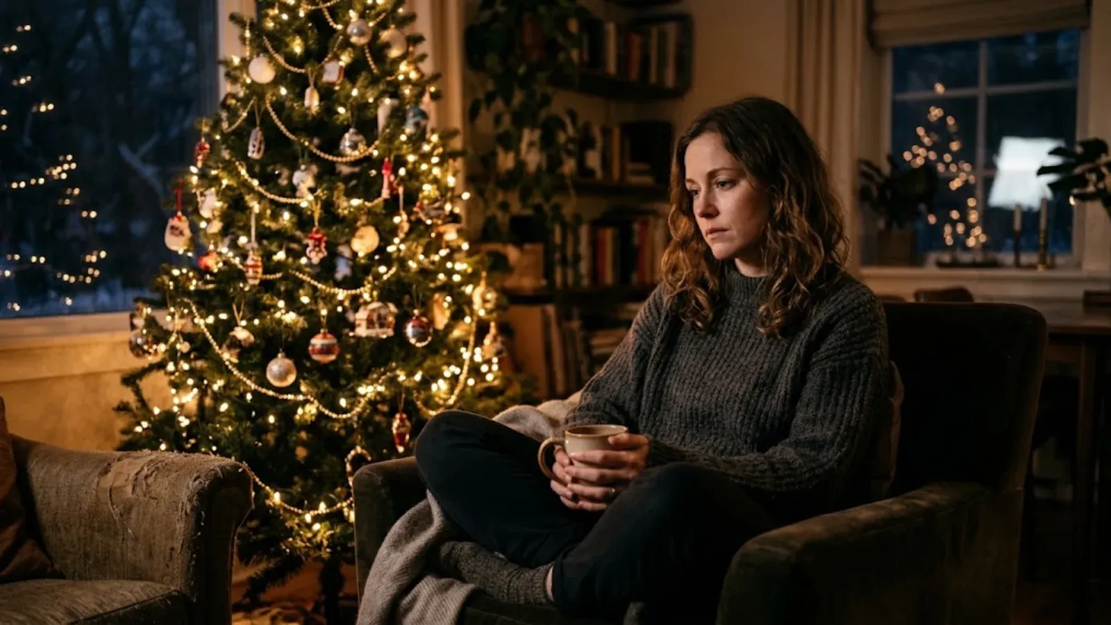 A woman sitting alone near a glowing holiday tree at night