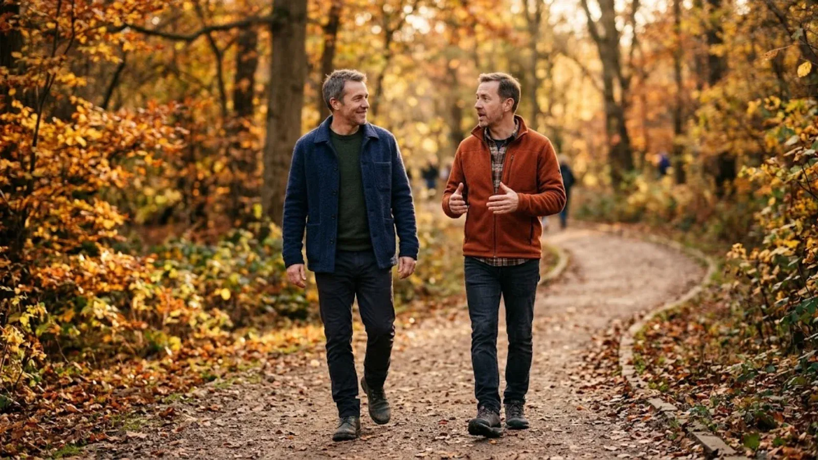 Two men walking together on a park trail in autumn
