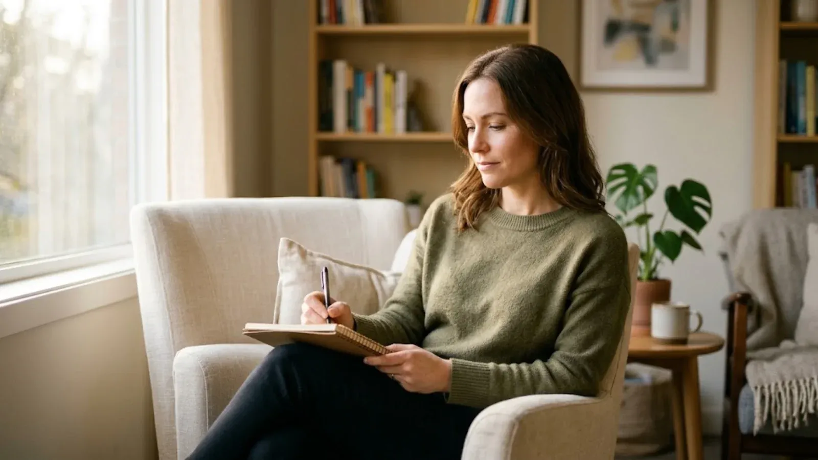 A woman writing in a notebook during a calm session
