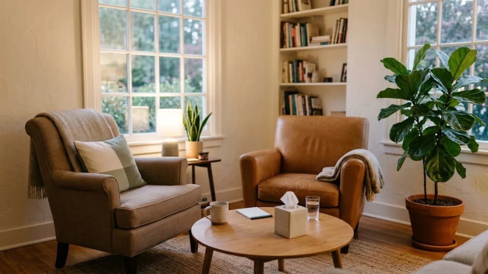 Two armchairs in a softly lit therapy room