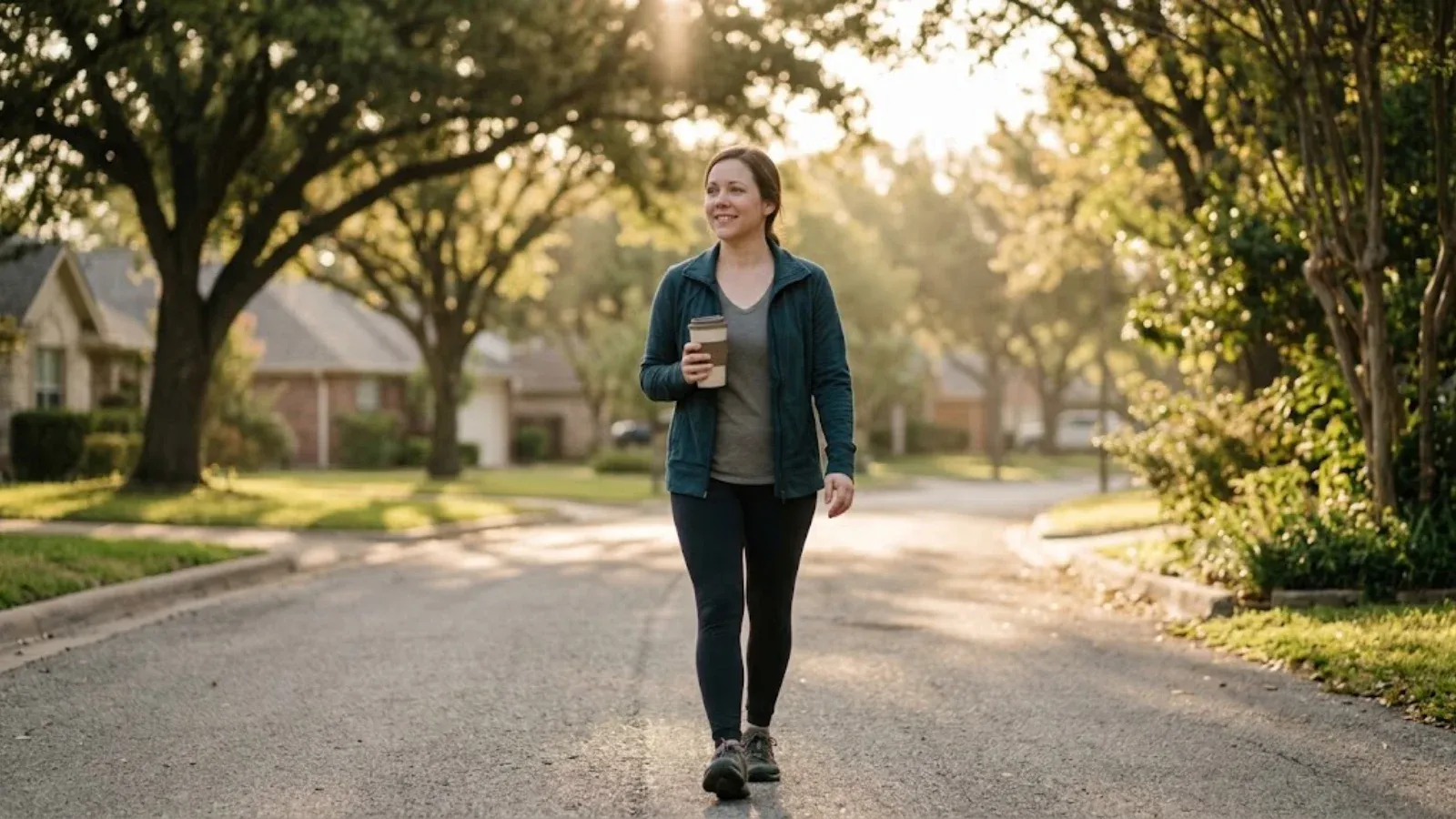 A woman on a sunny morning walk with a small hopeful smile