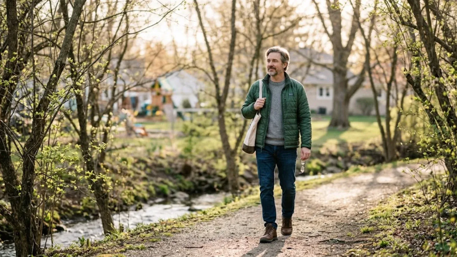 A man walking on a neighborhood trail in soft morning light