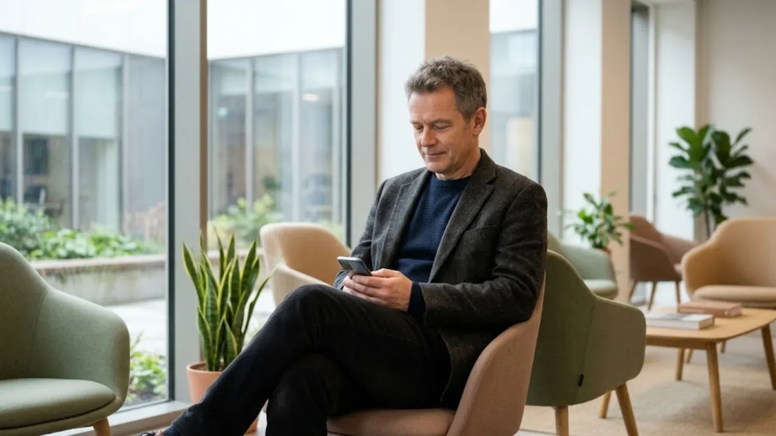 A man waiting patiently in a quiet waiting area