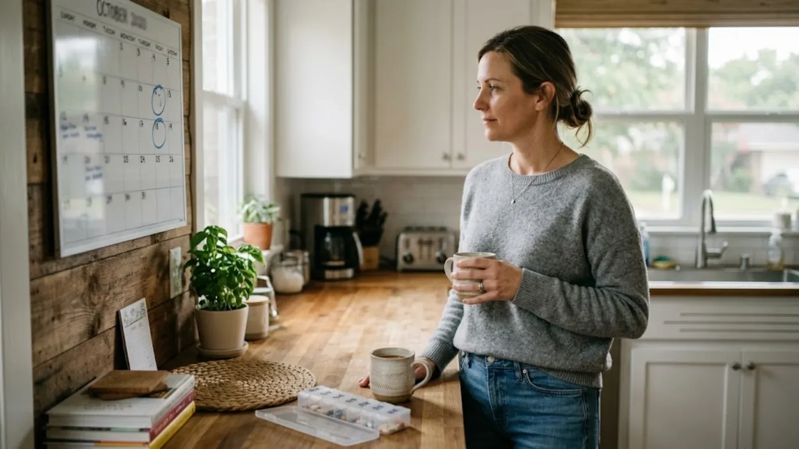 A woman in her kitchen glancing at a wall calendar beside a weekly pill organizer