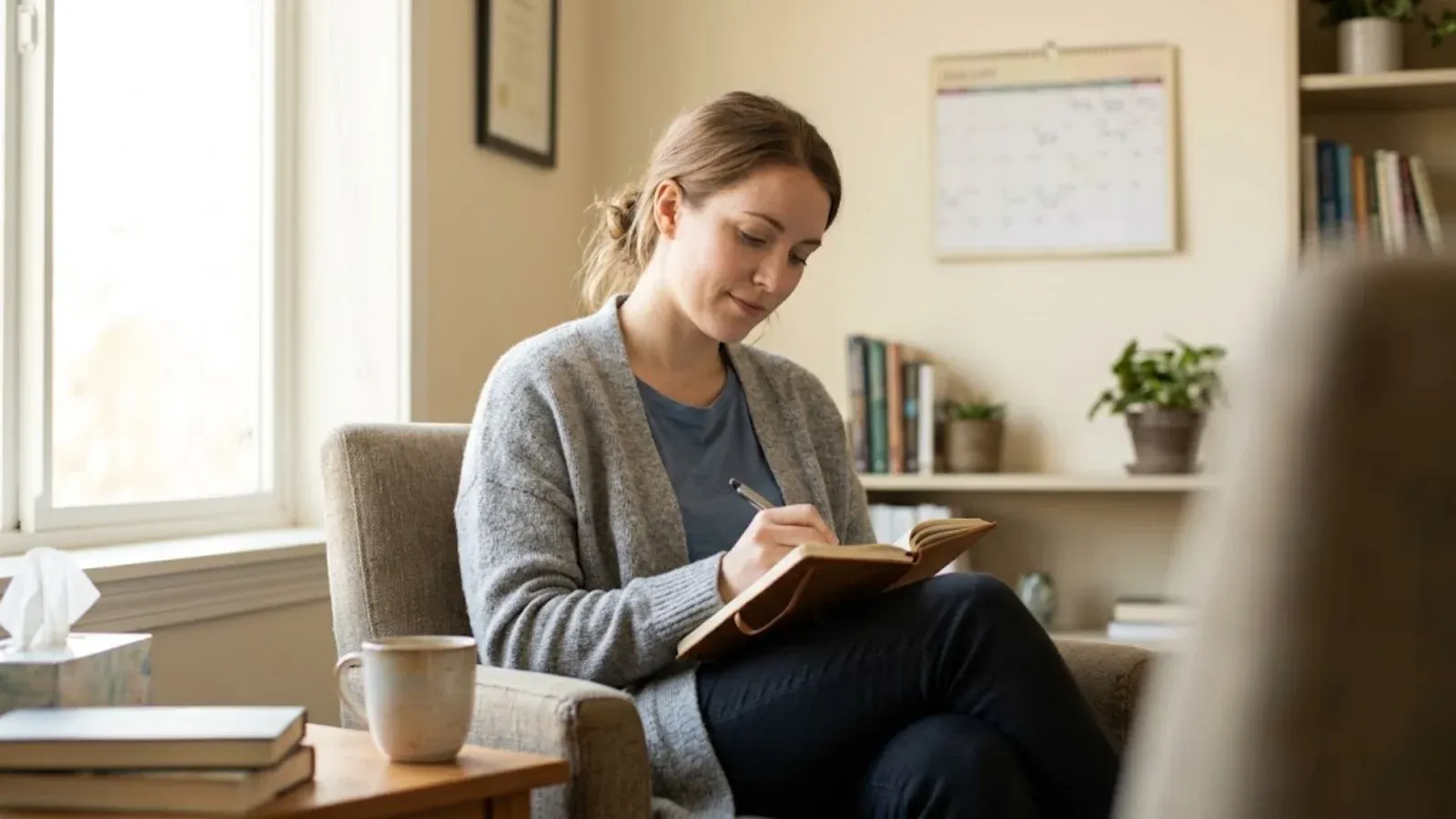 A woman writing in a notebook in a calm therapy office with a calendar on the wall