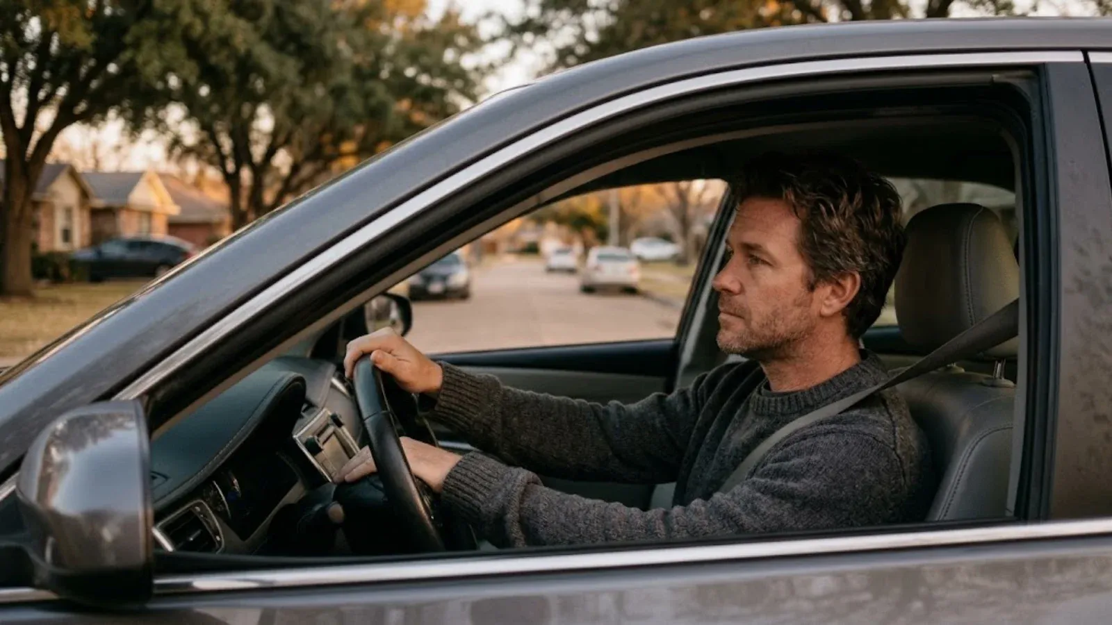 A man sitting alone in a parked car in the evening