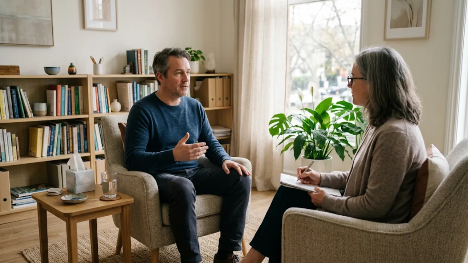 Man in an armchair talking with a therapist who takes notes in a bright counseling office with bookshelves and a plant