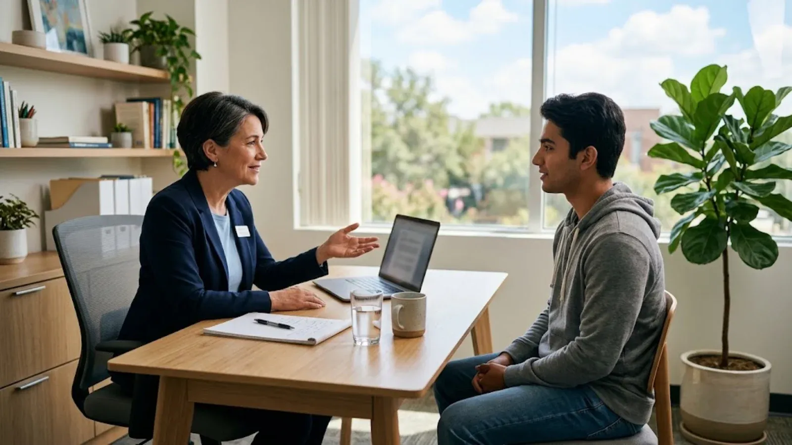 A psychiatrist explaining treatment options across a desk to a young man in a bright office