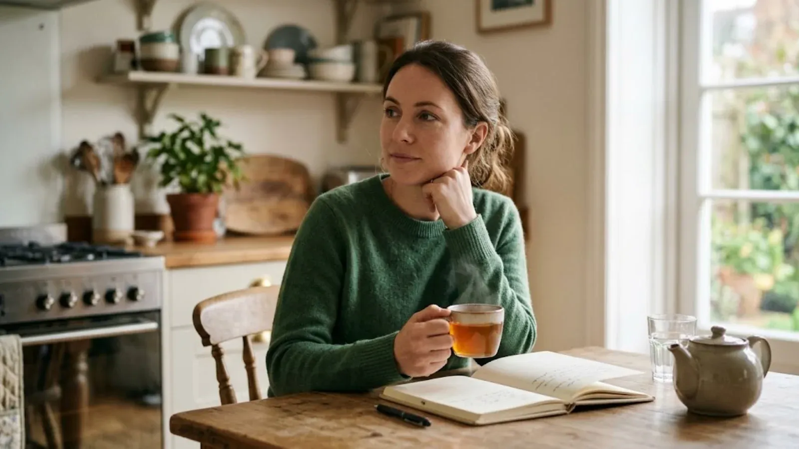 A woman at a kitchen table with tea and a notebook
