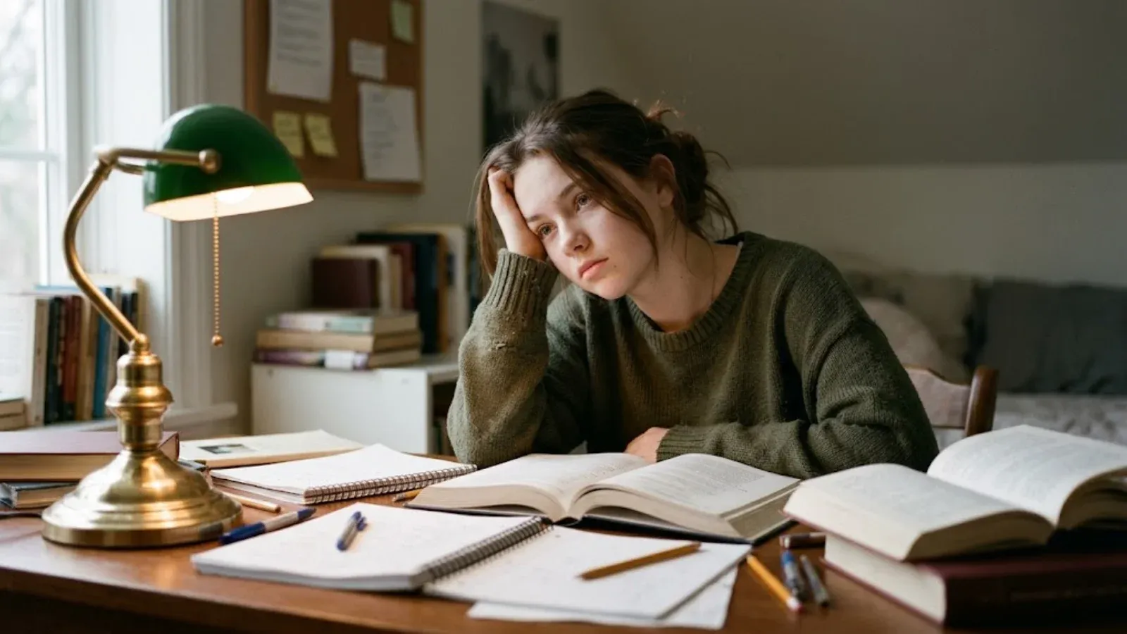 A teenage girl at a desk with schoolbooks looking tired