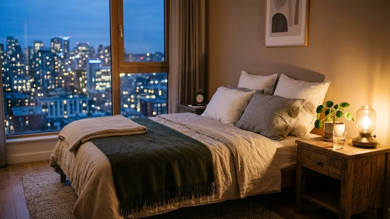 A cozy bedroom at dusk with a bedside lamp