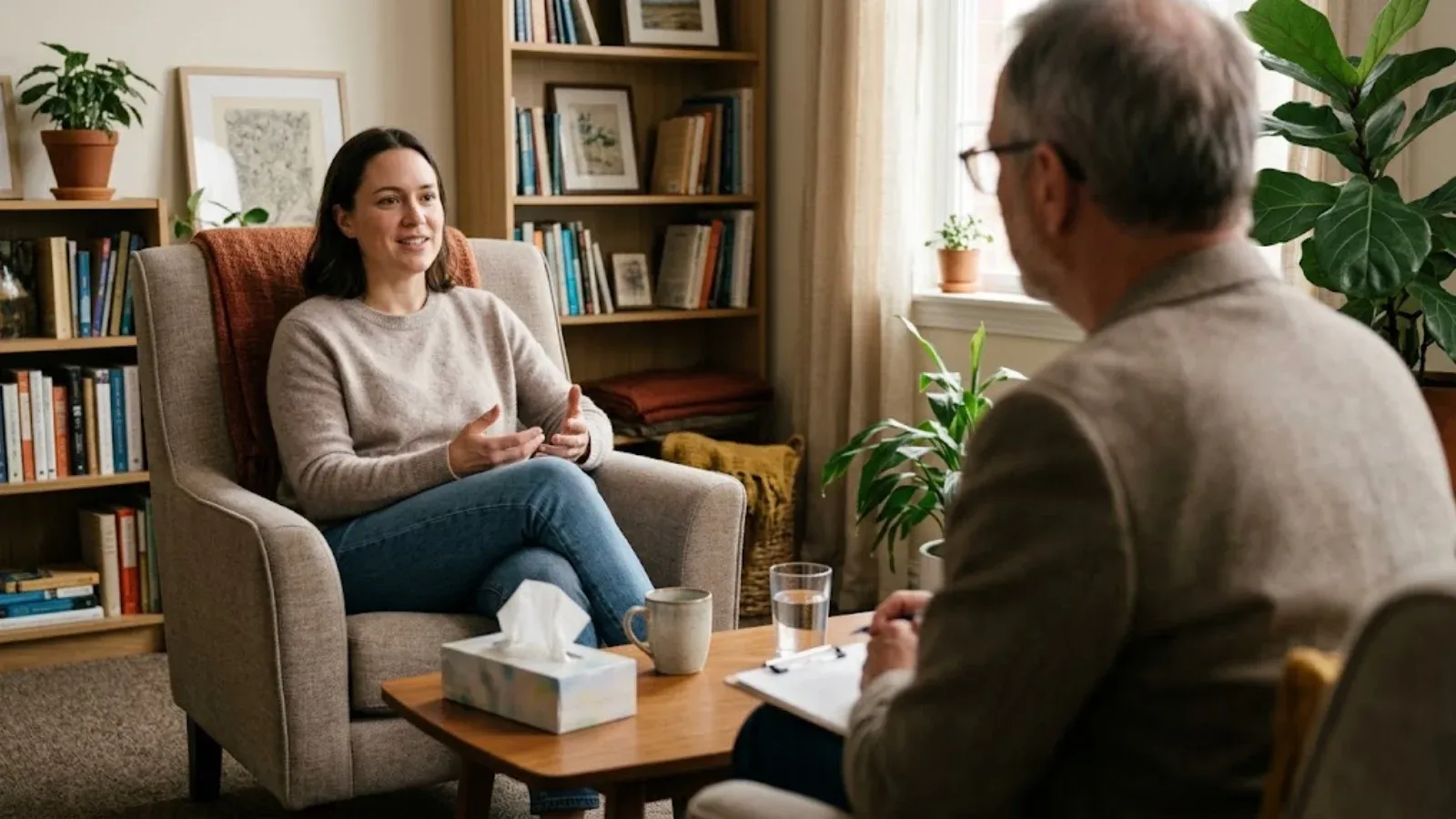 A client smiling while talking in an armchair during a therapy session in a cozy office