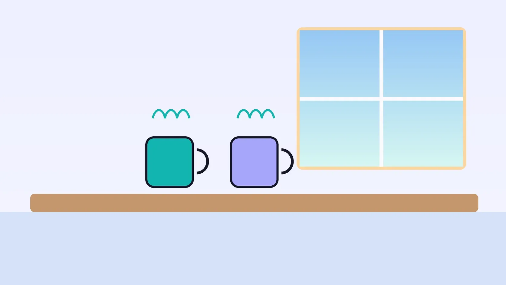 Illustration of two coffee cups side by side on a desk near a window.