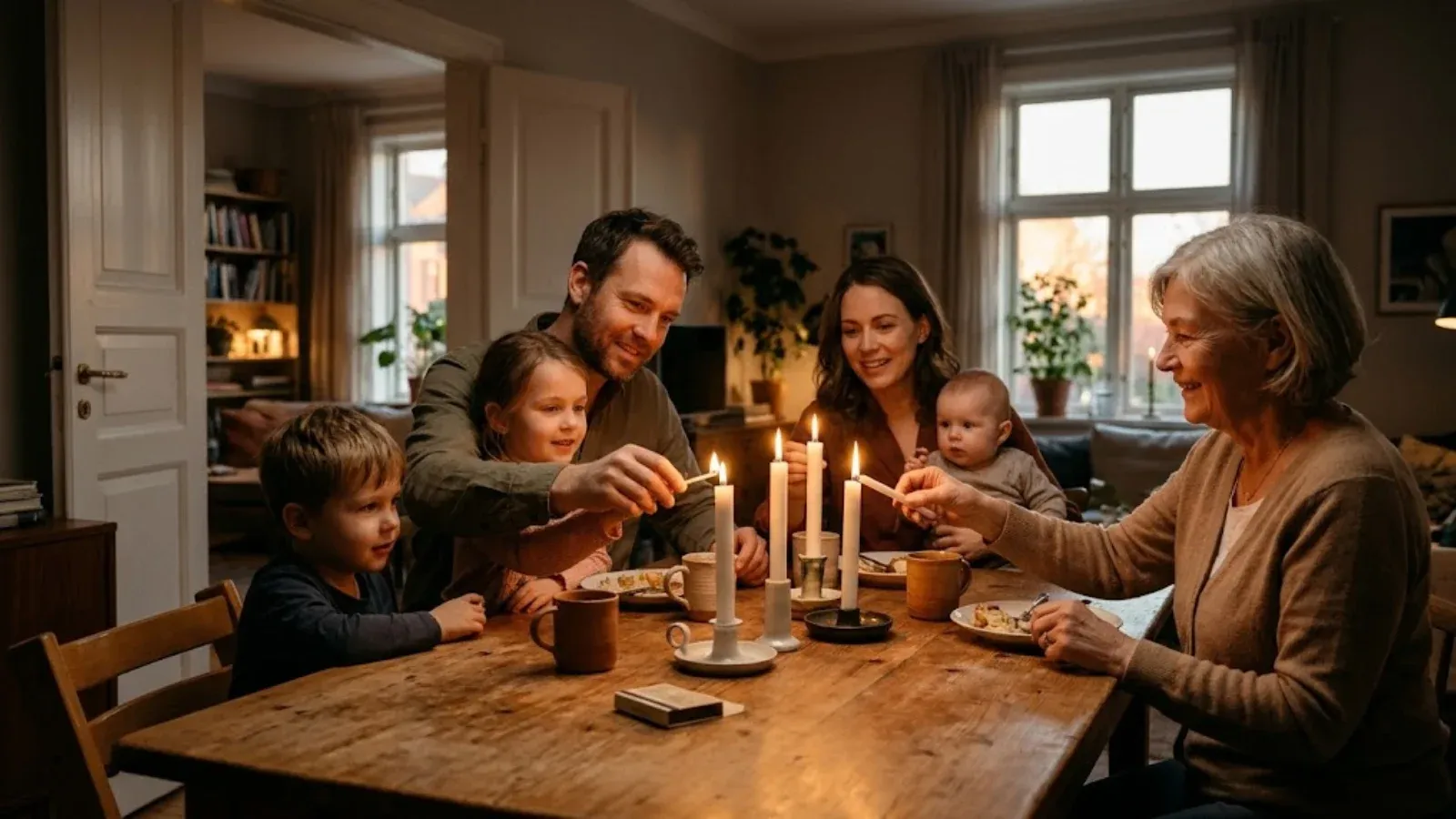A family lighting candles together