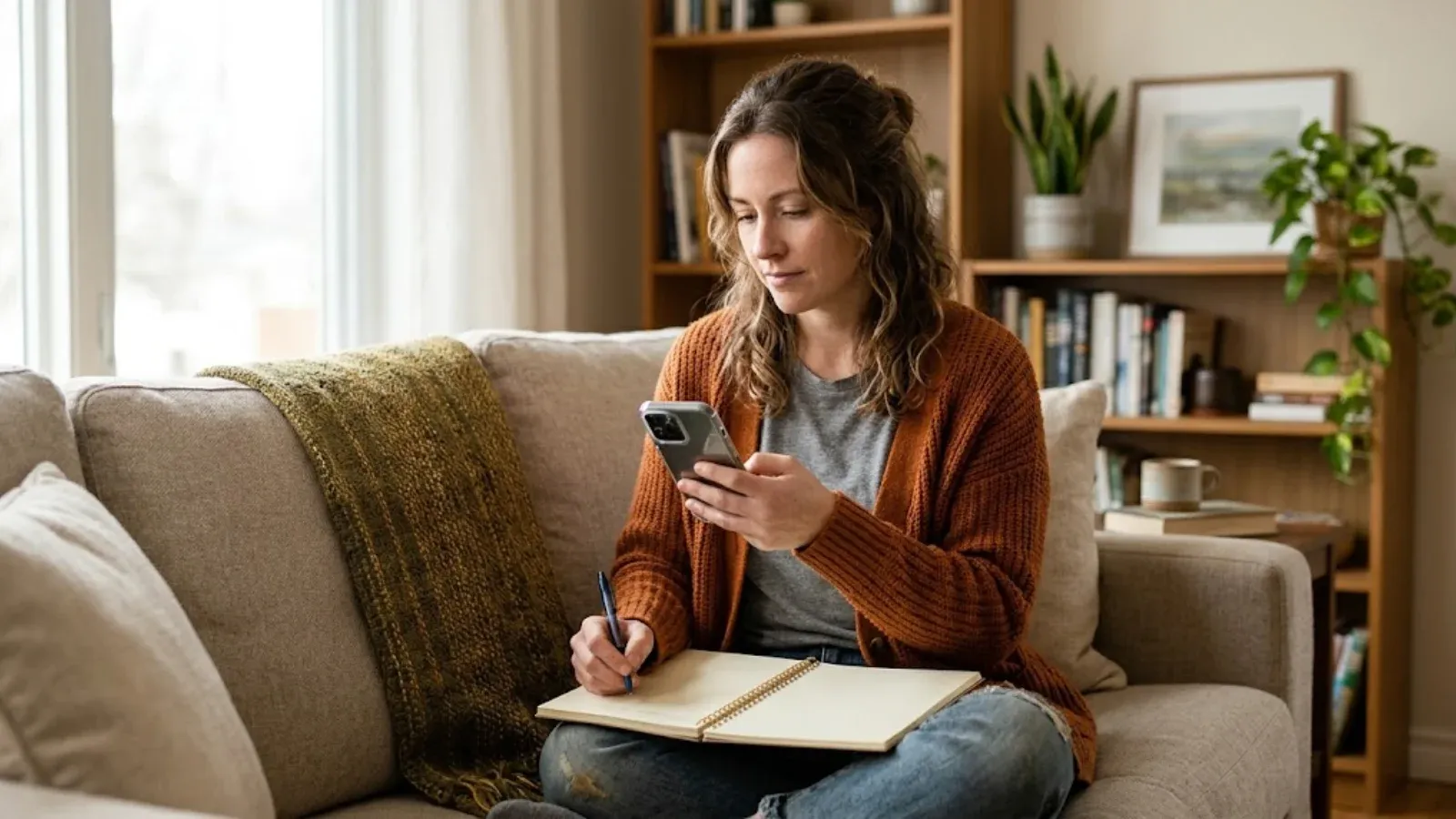 A woman on a couch searching on her phone and taking notes