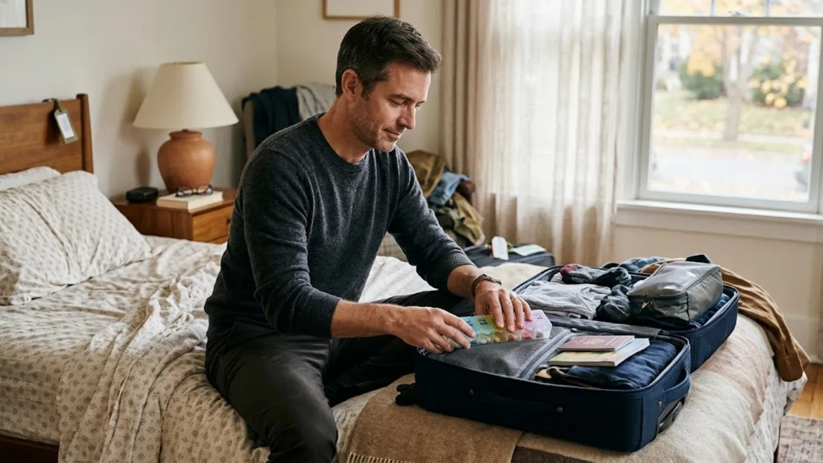 A man packing a pill organizer into a carry-on bag