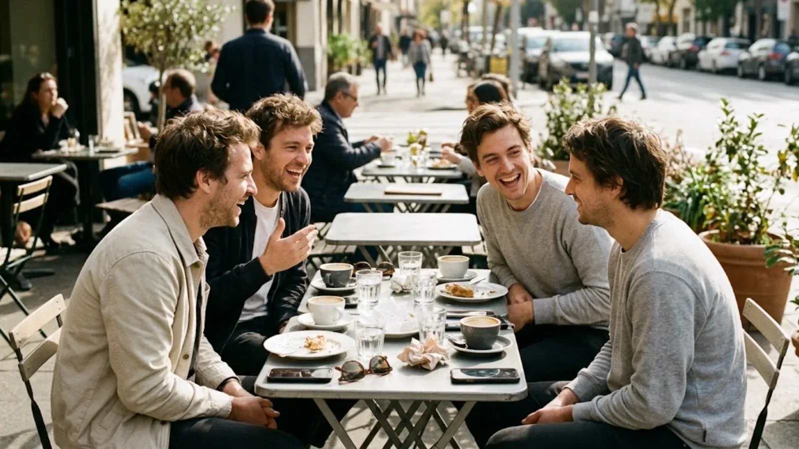 Friends talking and laughing together at an outdoor cafe table on a sunny afternoon