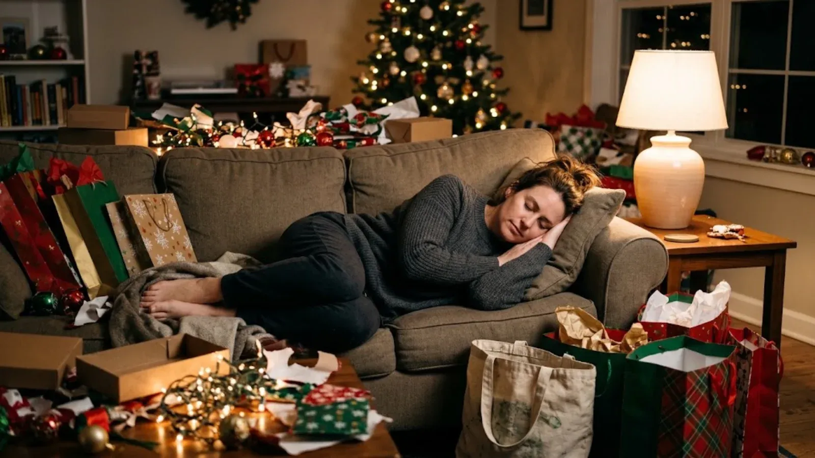 A woman resting on a couch surrounded by unwrapped holiday supplies