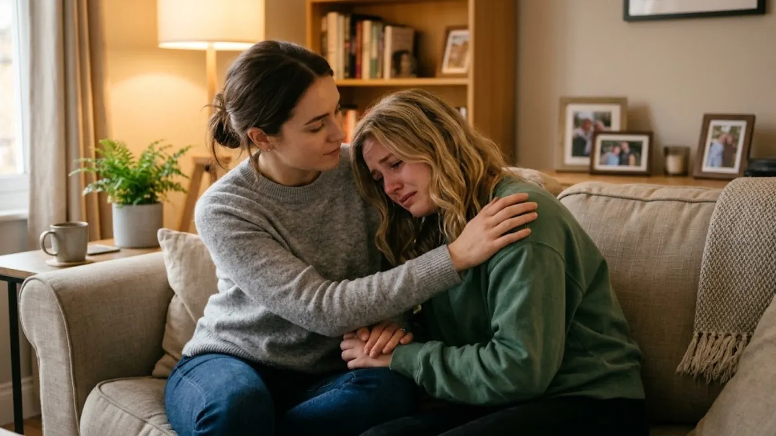 A woman comforting a friend on a couch