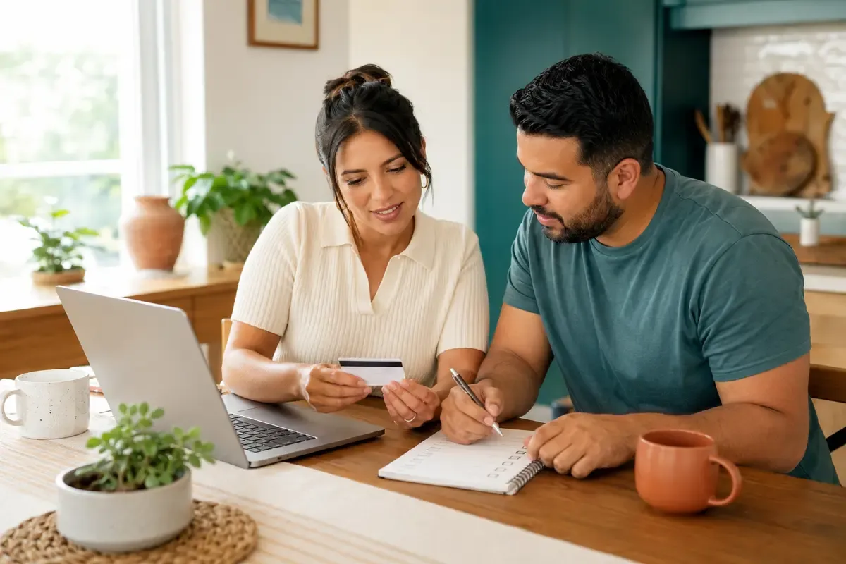 Texas couple reviewing an insurance card and mental health appointment checklist together at home
