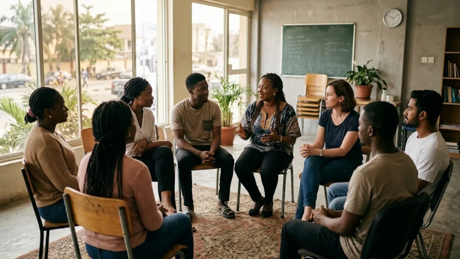 A small support group sitting in a circle of chairs