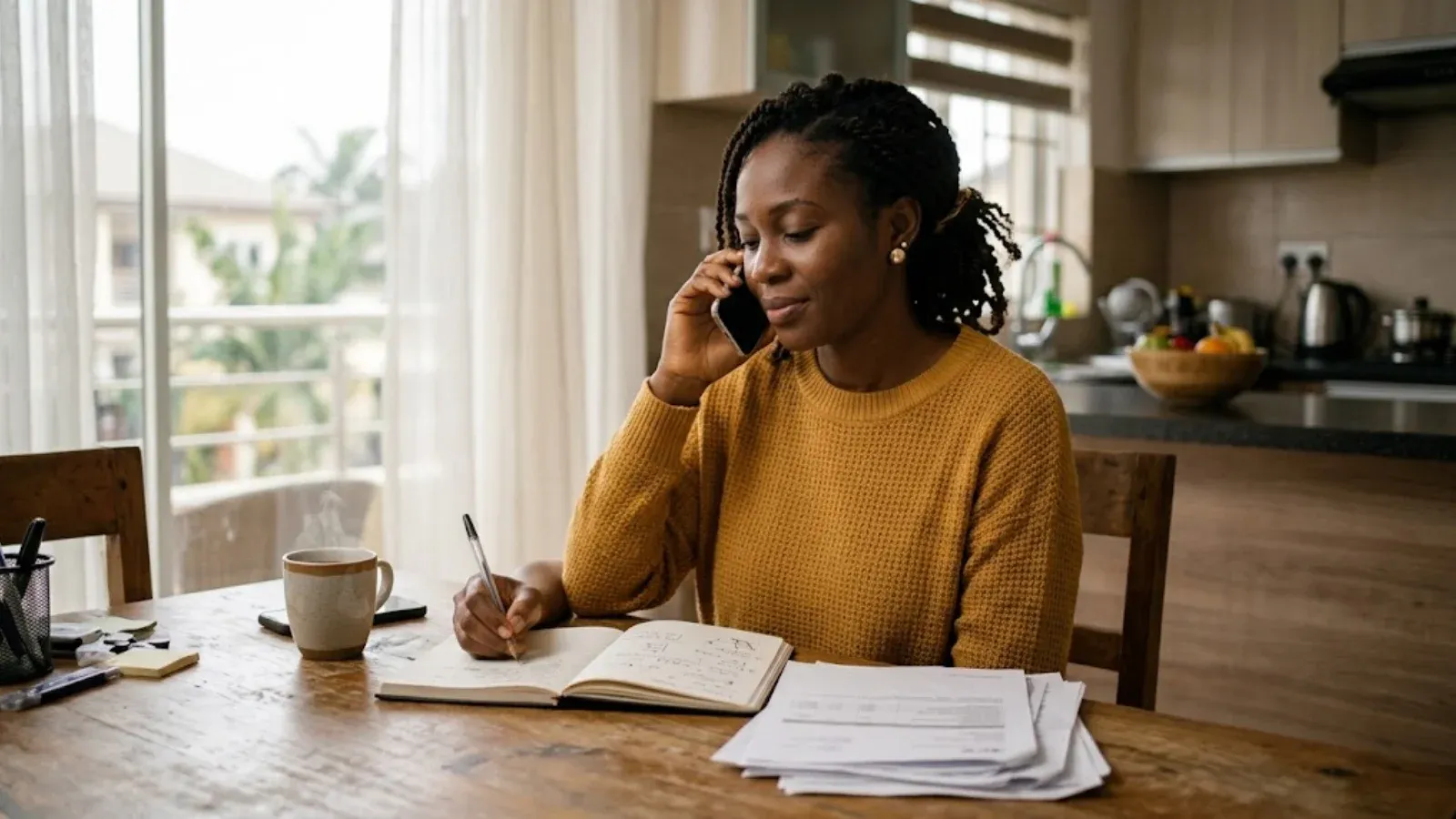 A woman on the phone at a kitchen table with paperwork