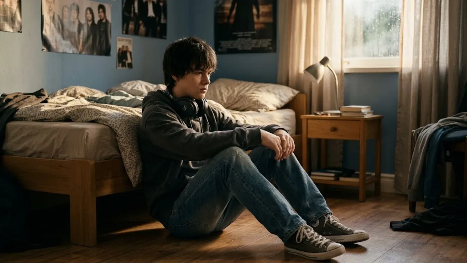 A teenage boy sitting alone on his bedroom floor in the evening