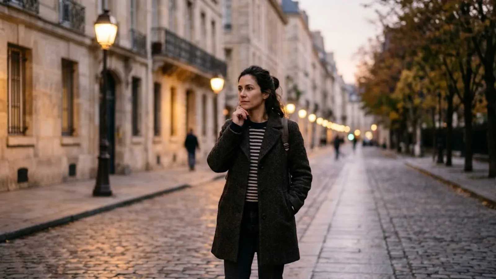 A woman pausing alone on a quiet street at dusk