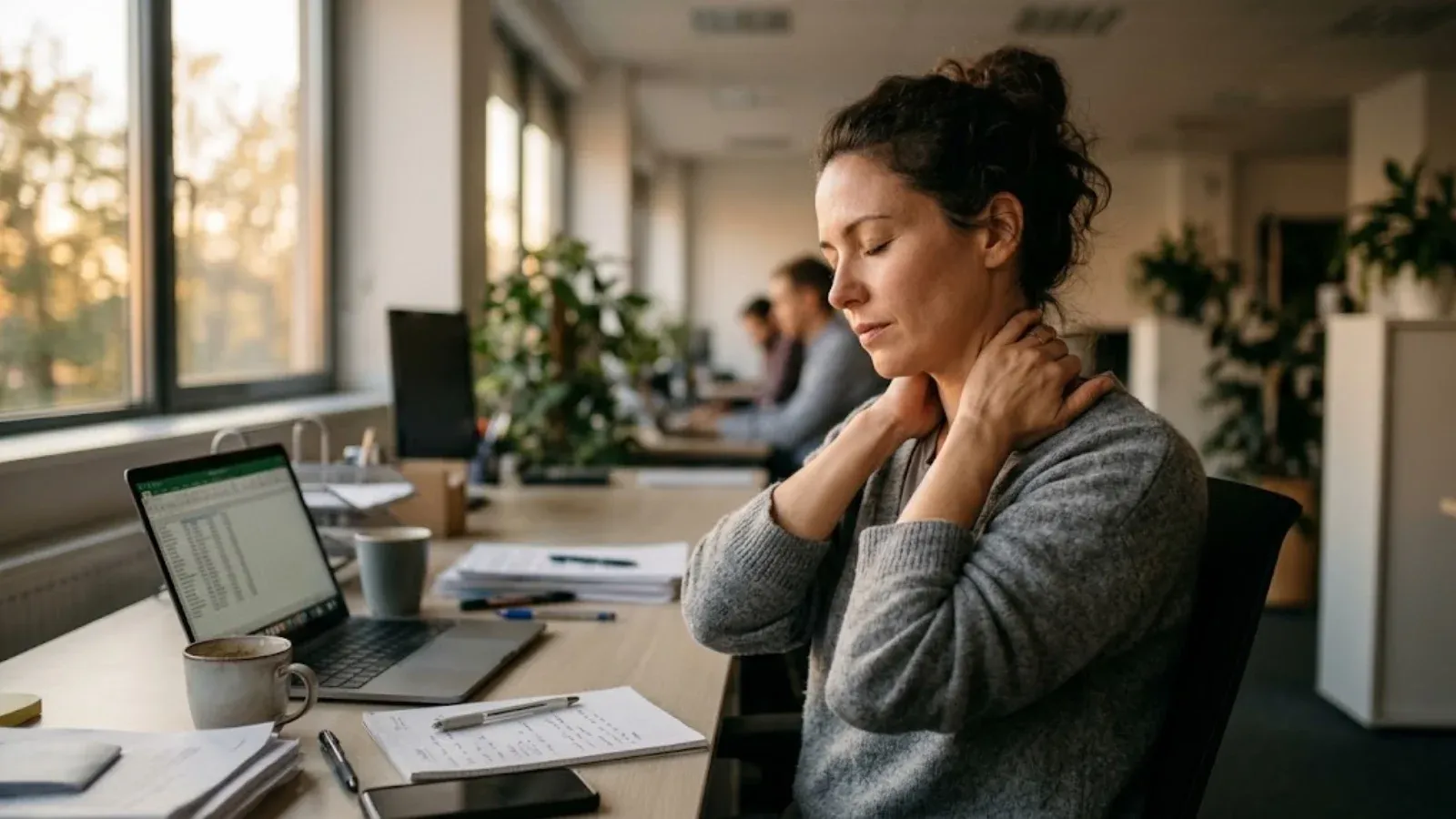 A woman at a desk rubbing her tense neck and shoulders