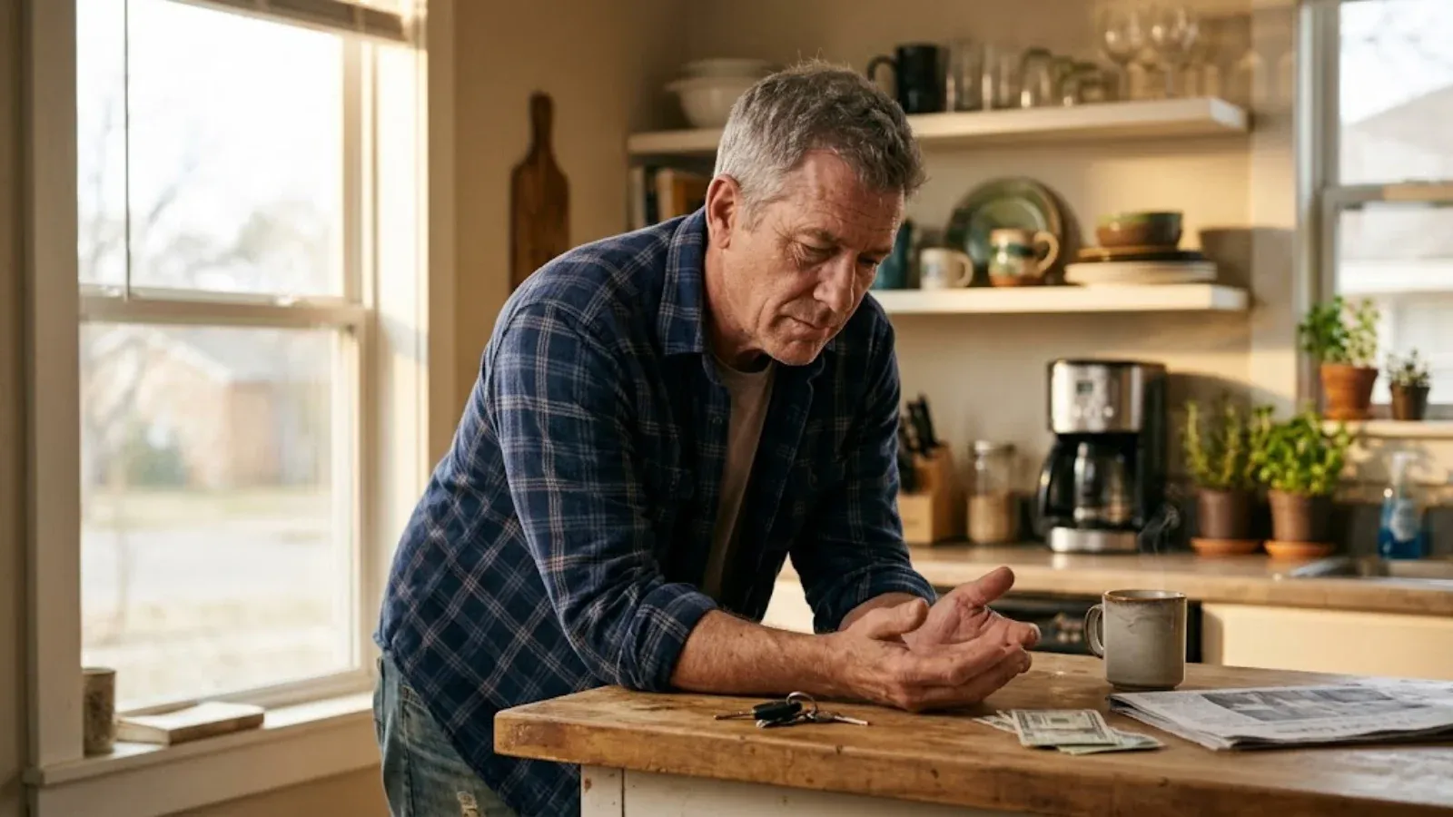 A man at a kitchen counter reflecting