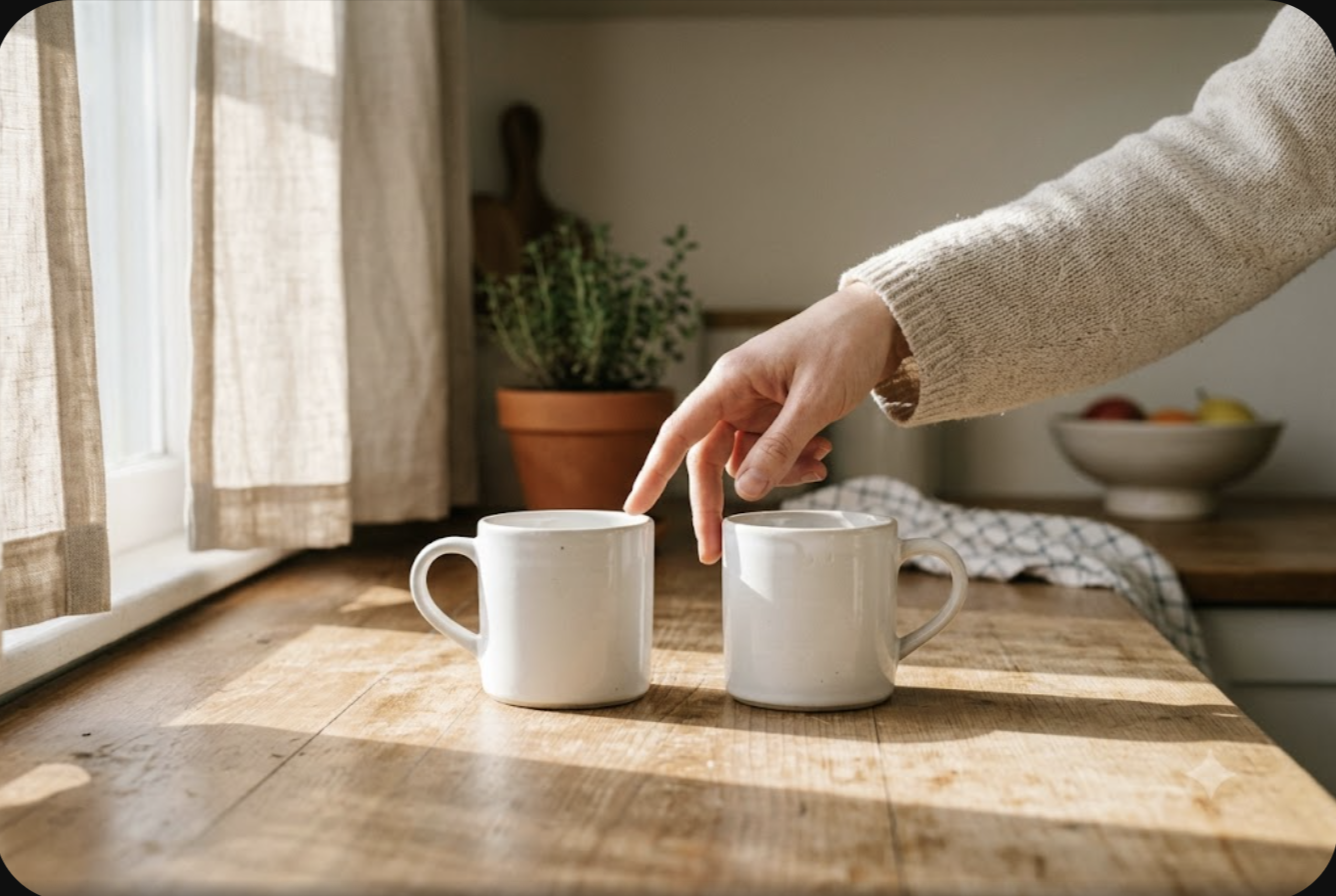 Hand hovering between two nearly identical white mugs on a sunlit counter, like choosing between Lexapro and Prozac, two similar SSRIs with different personalities