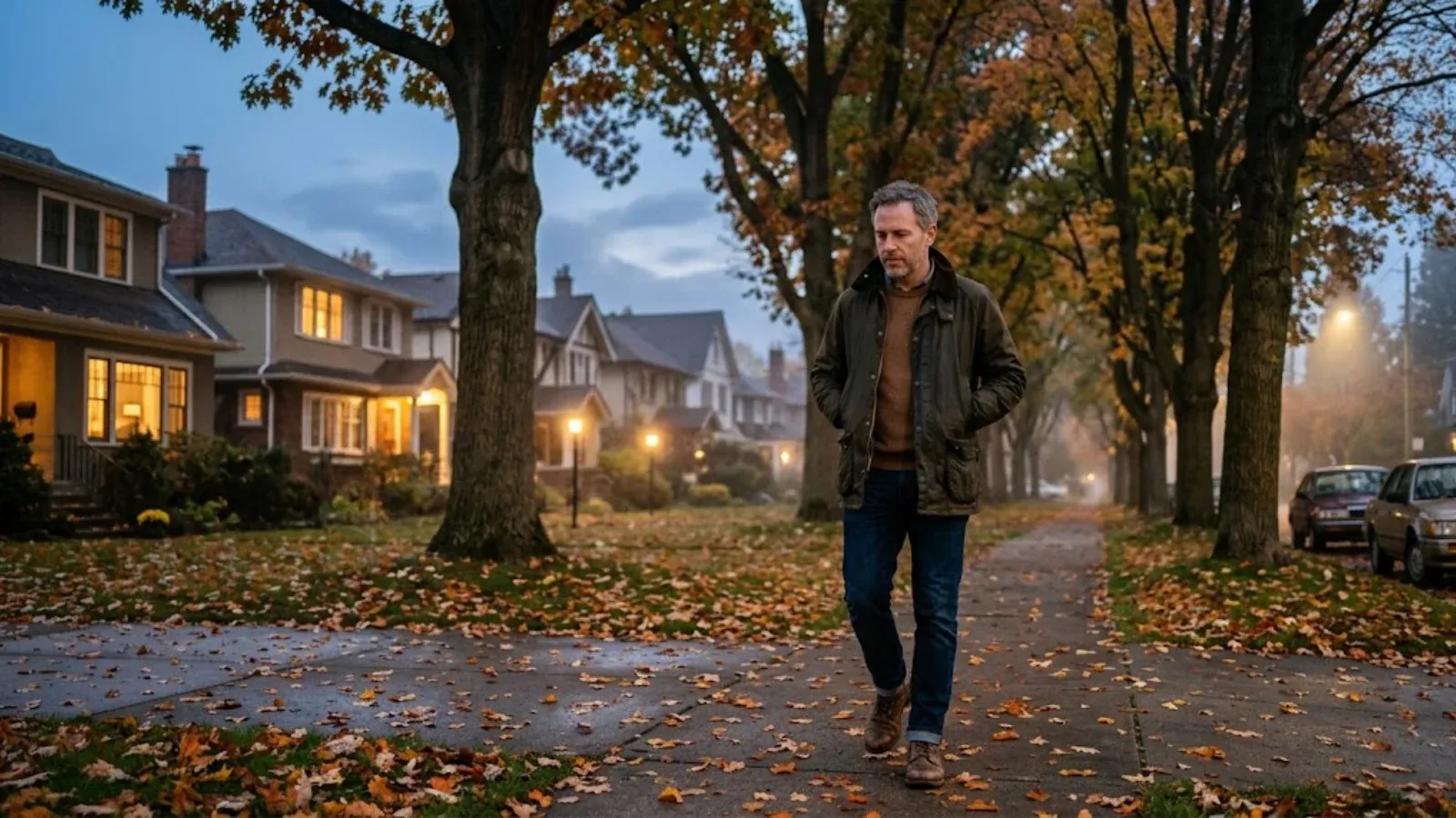A man walking alone down a leafy neighborhood street at autumn dusk past lit windows