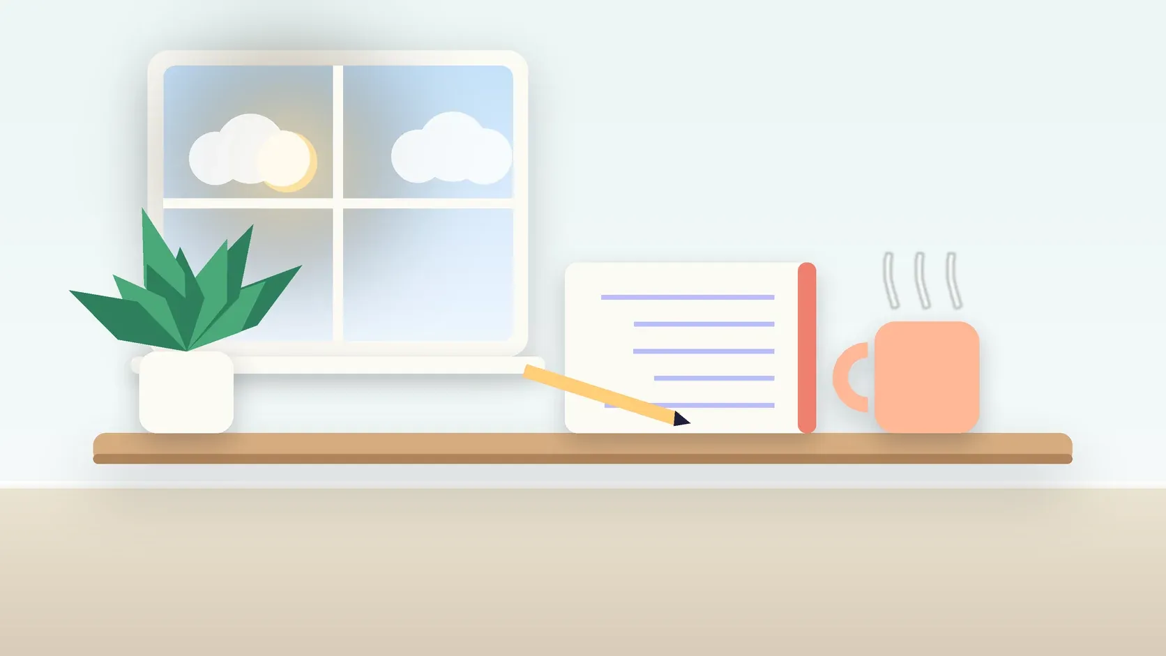 Illustration of a calm desk scene with a steaming mug, an open notebook and a plant beside a sunny window