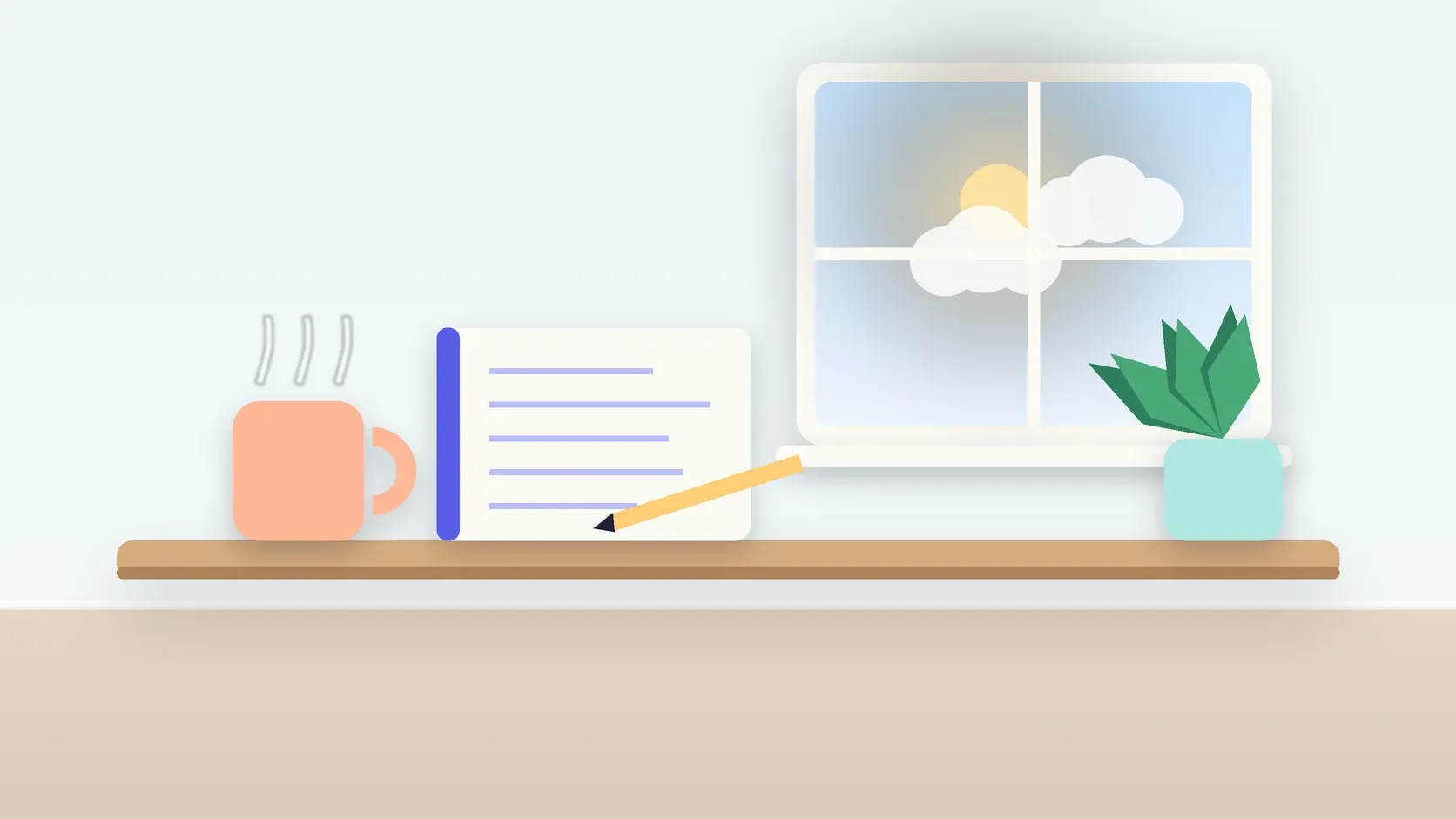 Illustration of a calm desk scene with a steaming mug, an open notebook and a plant beside a sunny window