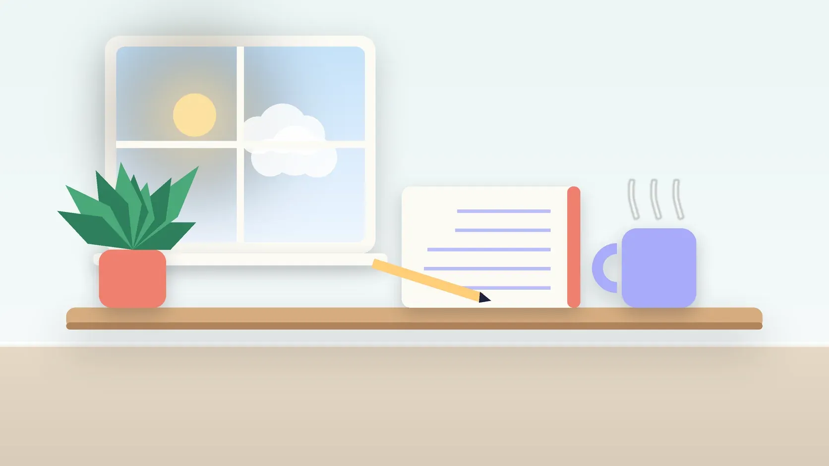 Illustration of a calm desk scene with a steaming mug, an open notebook and a plant beside a sunny window