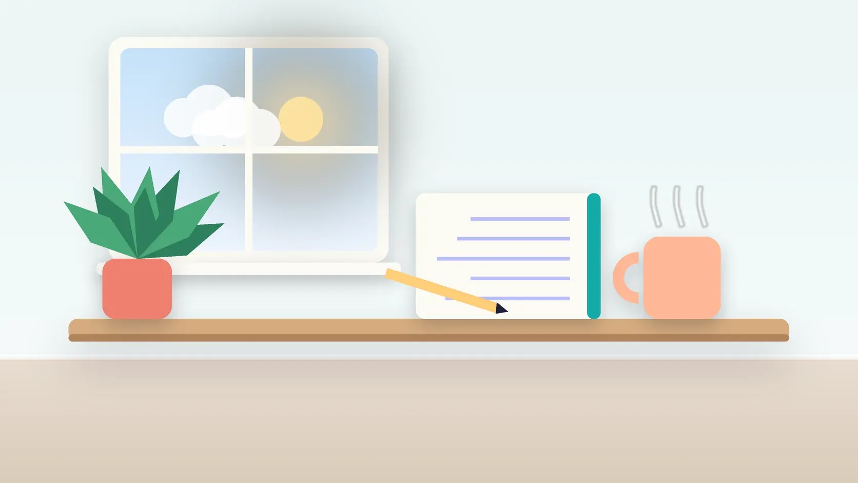 Illustration of a calm desk scene with a steaming mug, an open notebook and a plant beside a sunny window
