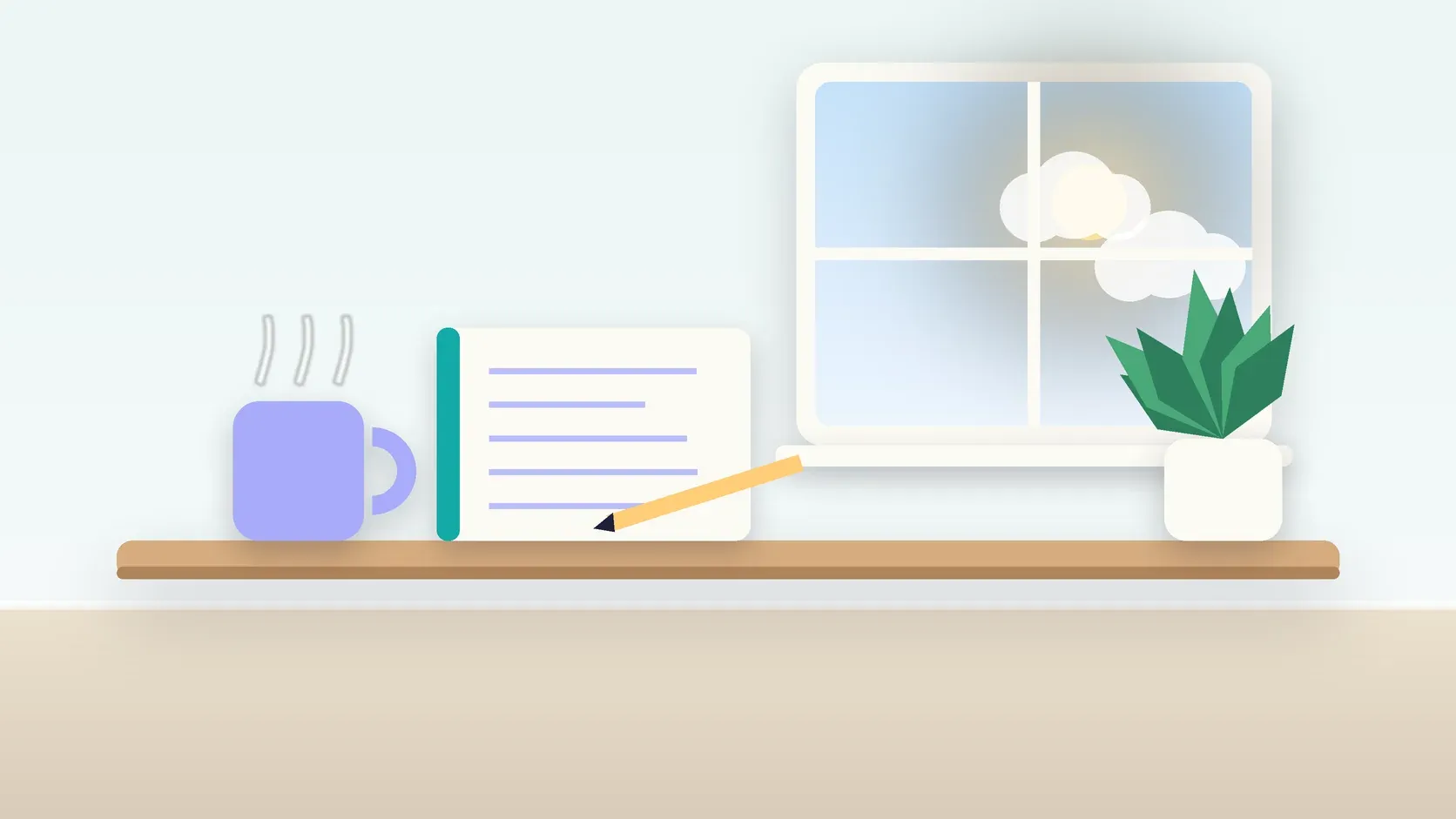 Illustration of a calm desk scene with a steaming mug, an open notebook and a plant beside a sunny window