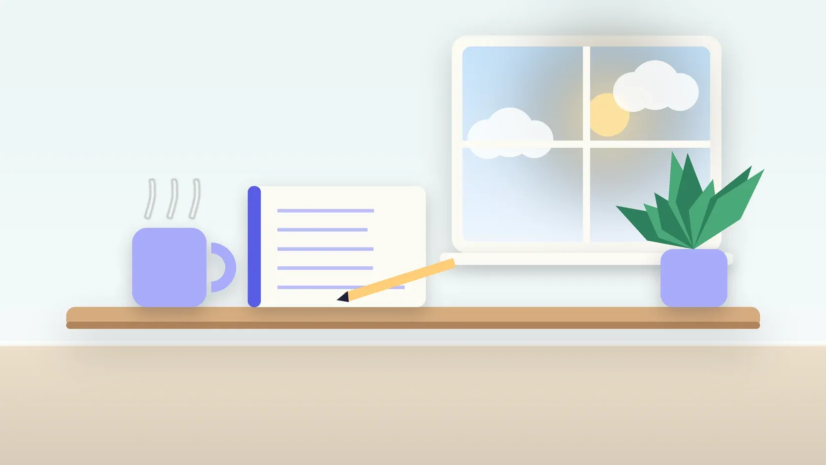 Illustration of a calm desk scene with a steaming mug, an open notebook and a plant beside a sunny window