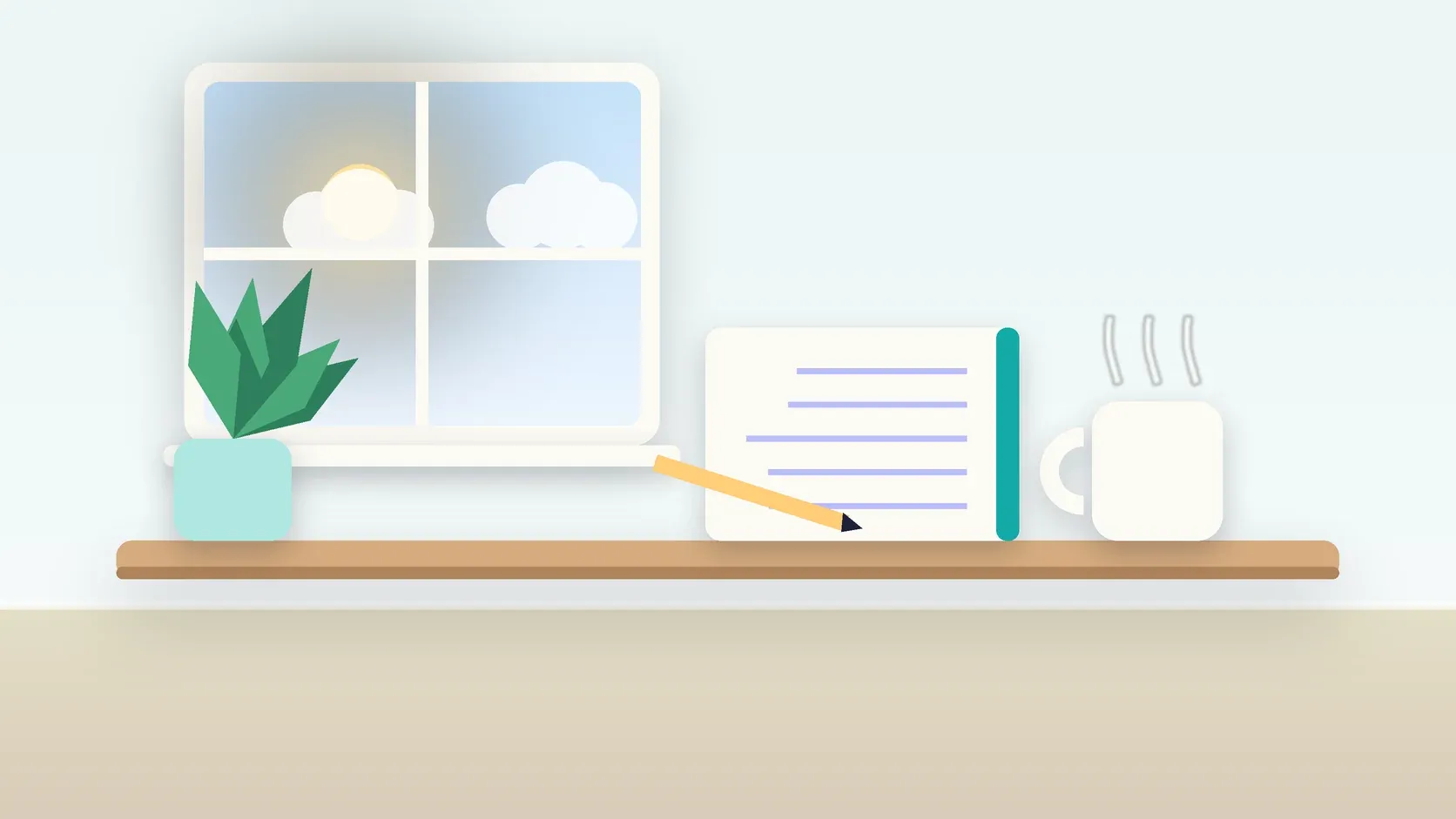 Illustration of a calm desk scene with a steaming mug, an open notebook and a plant beside a sunny window