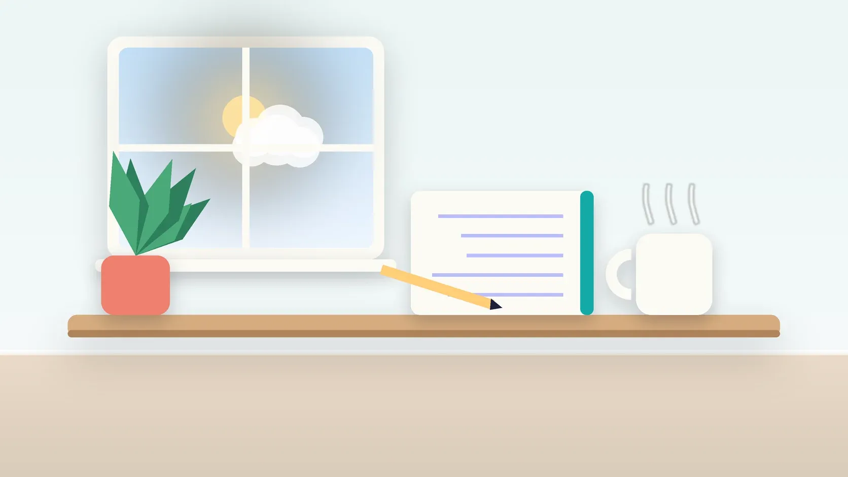 Illustration of a calm desk scene with a steaming mug, an open notebook and a plant beside a sunny window