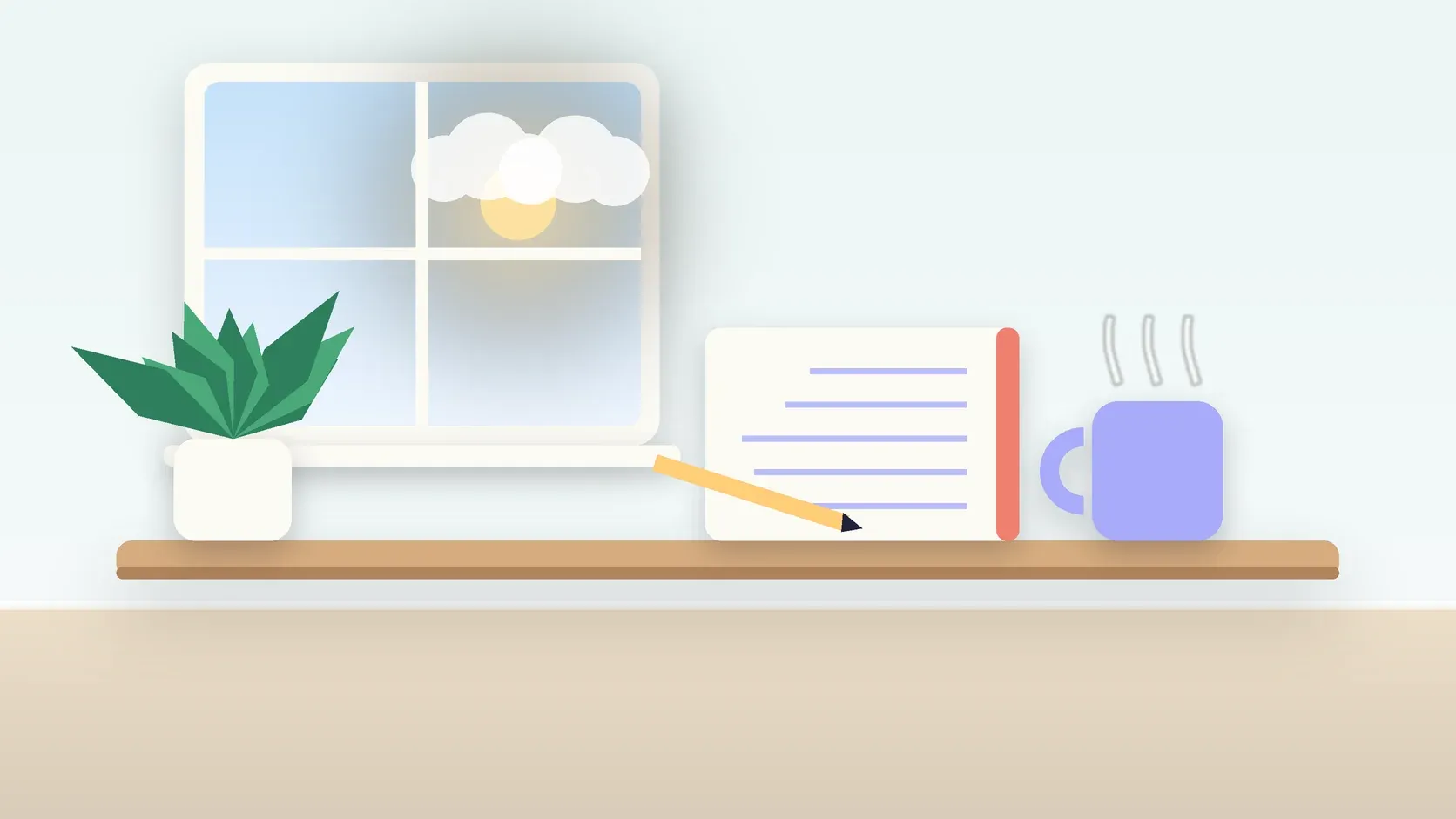 Illustration of a calm desk scene with a steaming mug, an open notebook and a plant beside a sunny window