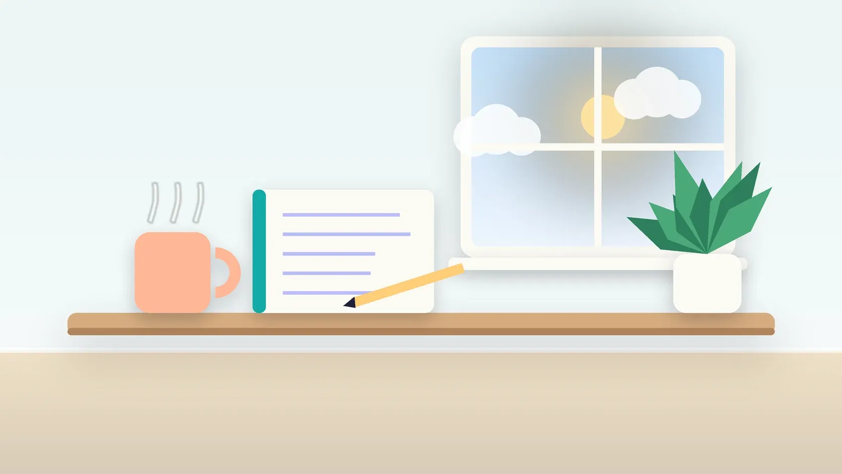 Illustration of a calm desk scene with a steaming mug, an open notebook and a plant beside a sunny window