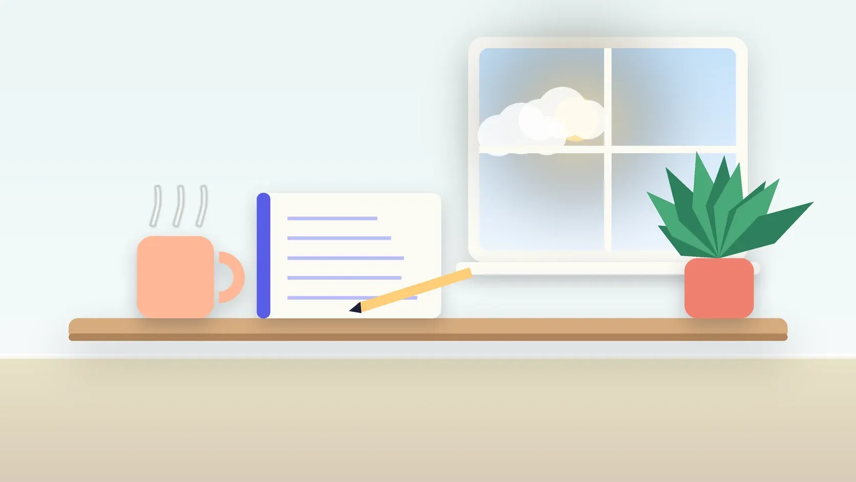 Illustration of a calm desk scene with a steaming mug, an open notebook and a plant beside a sunny window