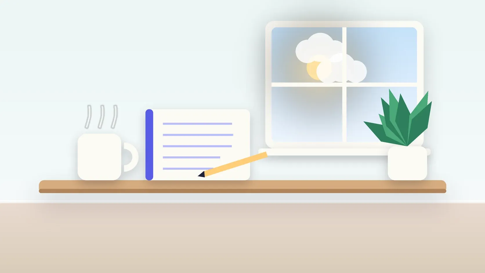Illustration of a calm desk scene with a steaming mug, an open notebook and a plant beside a sunny window