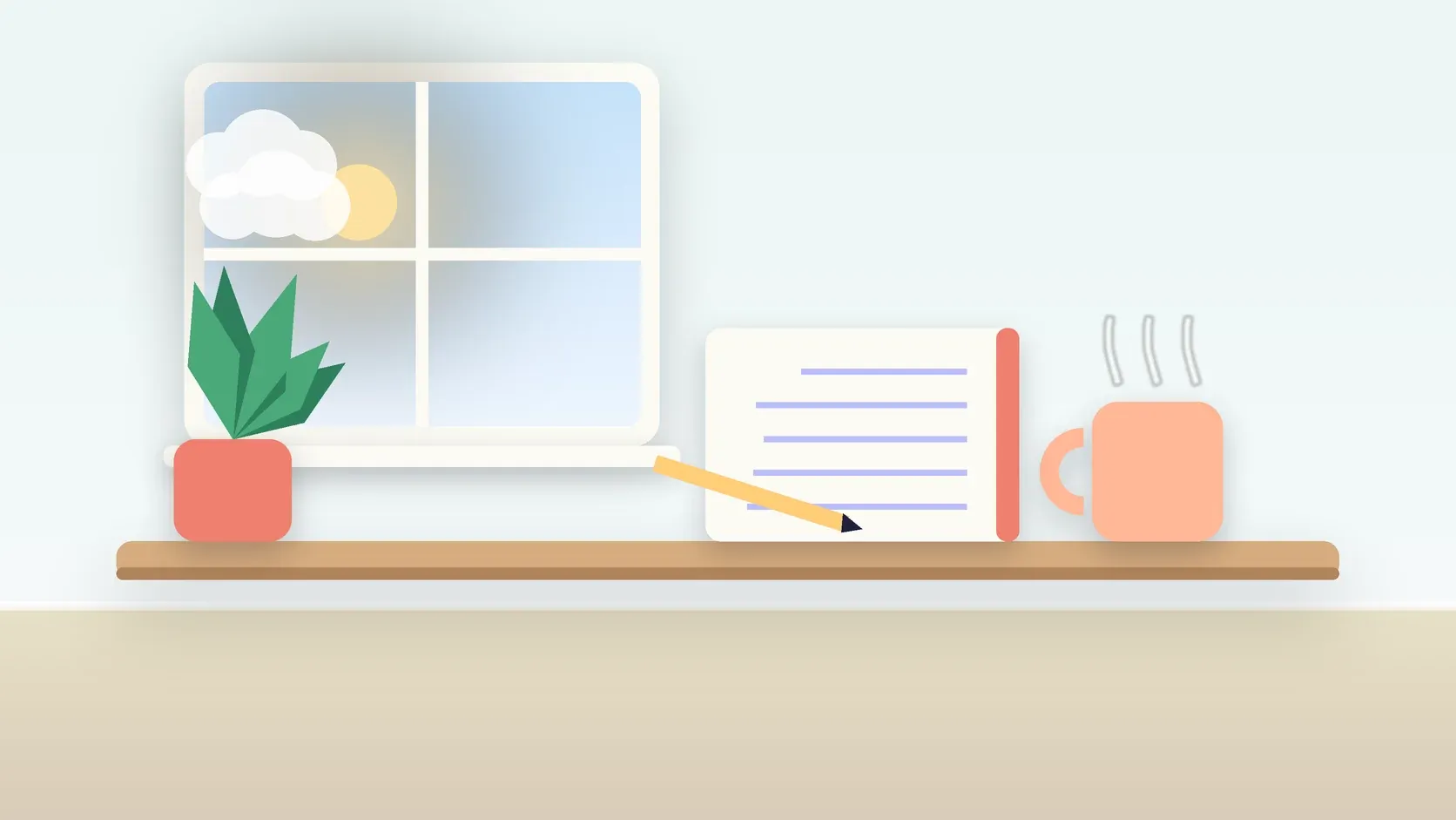 Illustration of a calm desk scene with a steaming mug, an open notebook and a plant beside a sunny window