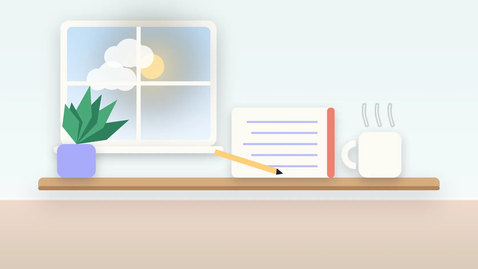 Illustration of a calm desk scene with a steaming mug, an open notebook and a plant beside a sunny window