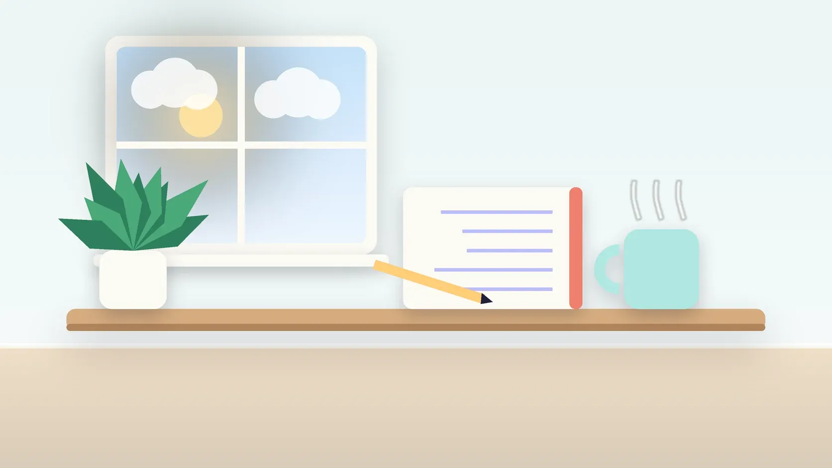 Illustration of a calm desk scene with a steaming mug, an open notebook and a plant beside a sunny window