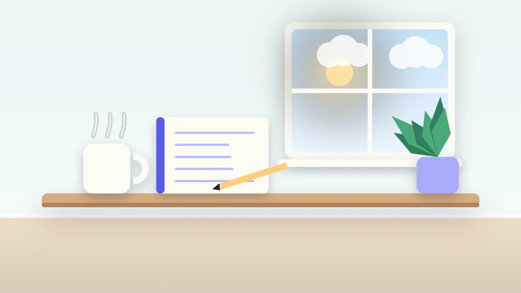 Illustration of a calm desk scene with a steaming mug, an open notebook and a plant beside a sunny window