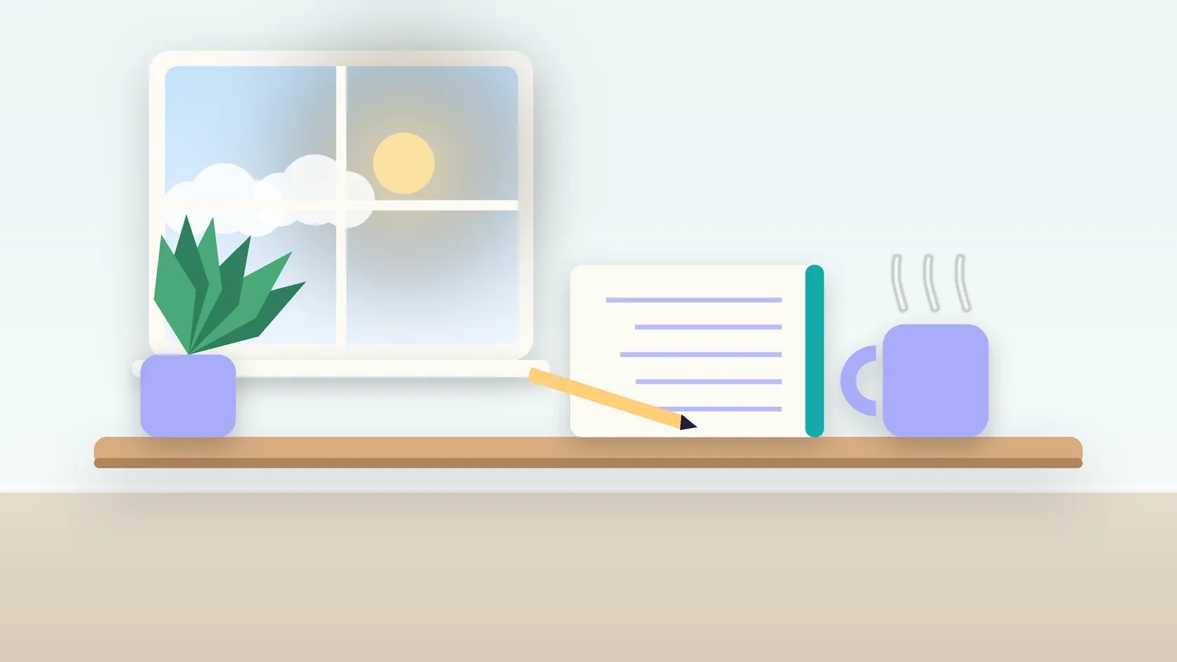 Illustration of a calm desk scene with a steaming mug, an open notebook and a plant beside a sunny window