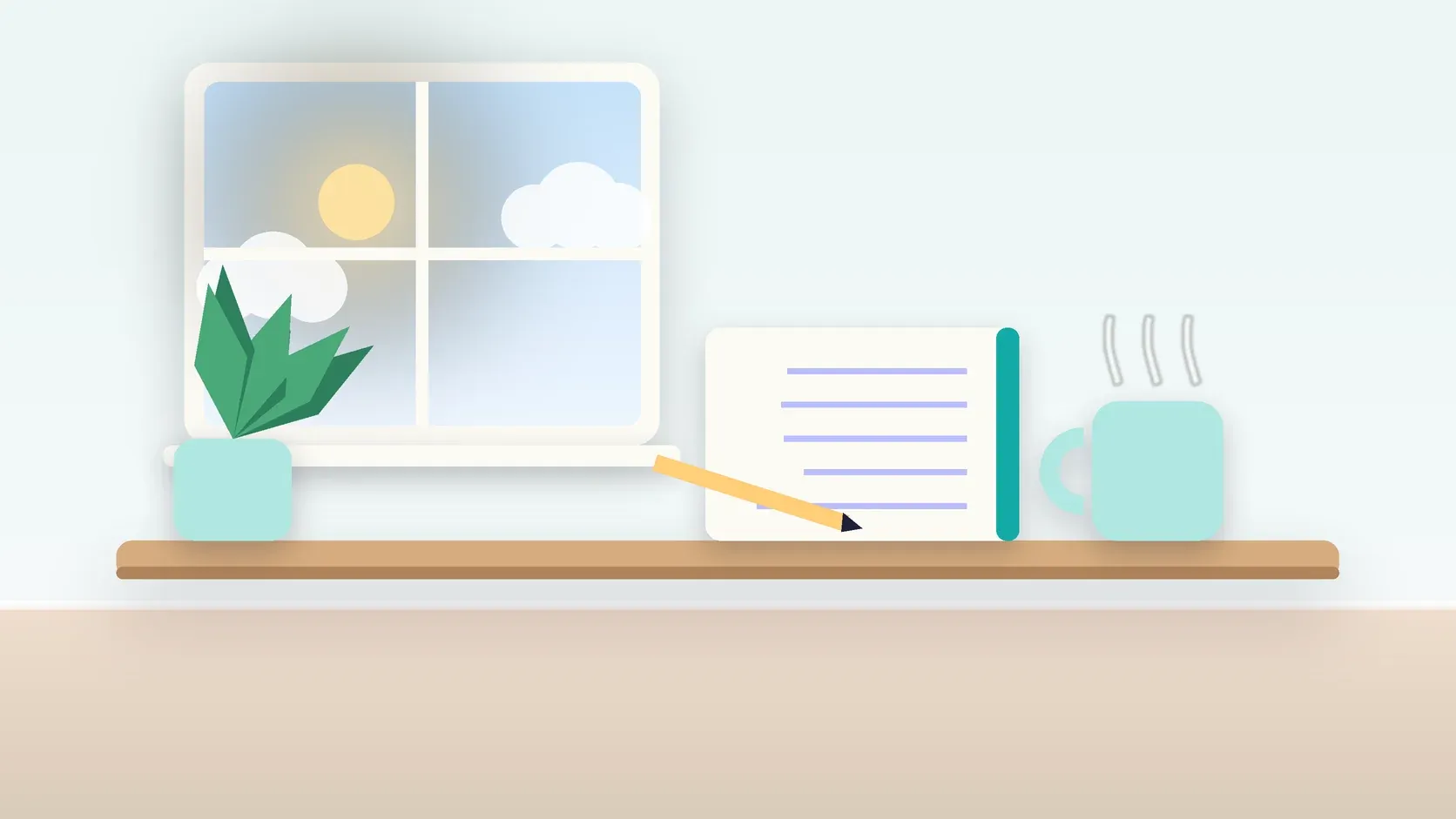 Illustration of a calm desk scene with a steaming mug, an open notebook and a plant beside a sunny window